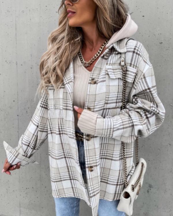 Veste-Chemise Tendance à Capuche, Carreaux
