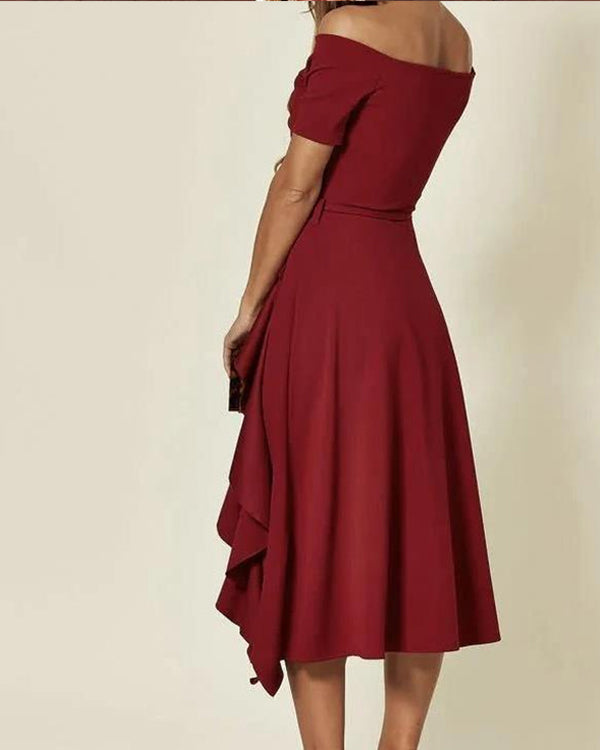 Robe de Soirée à Volants, Col Bateau, Épaules Dénudées