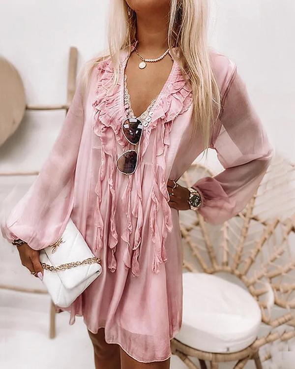 Robe en Mousseline, Col en V, Soie et Pompons à Volants
