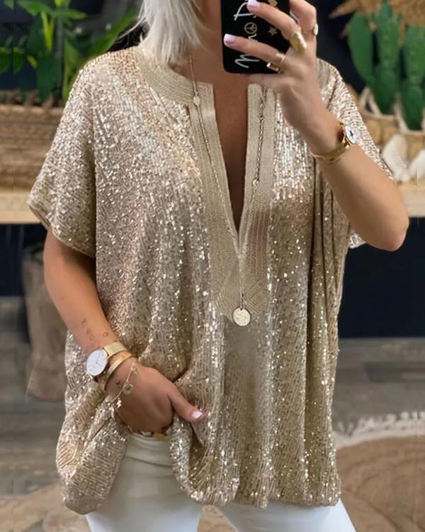 Top Ample Gracieux, Col en V, Sequins