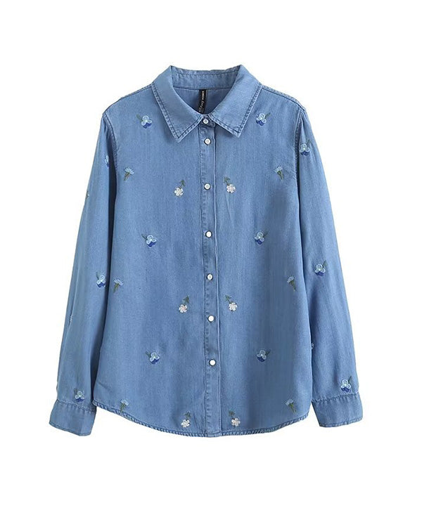 Chemise en Denim, Broderie Fleurie