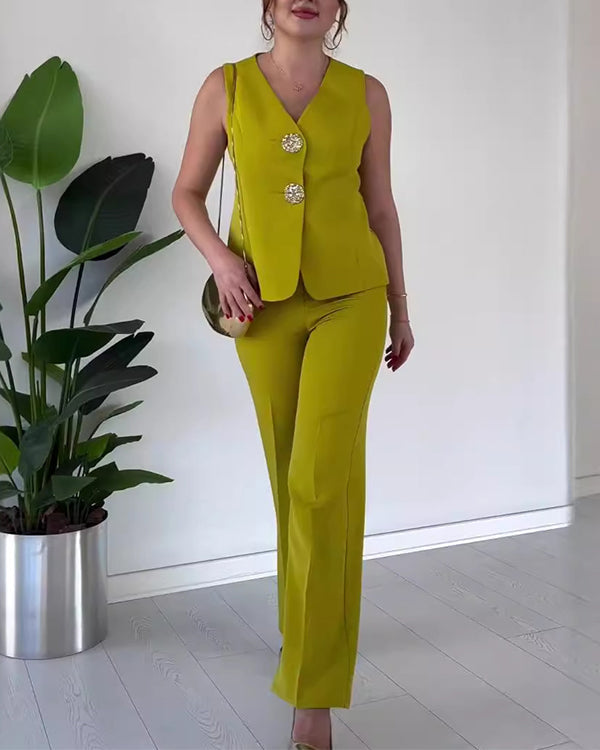 Ensemble Gilet à Gros Boutons Dorés et Pantalon Citadin 2 Pièces