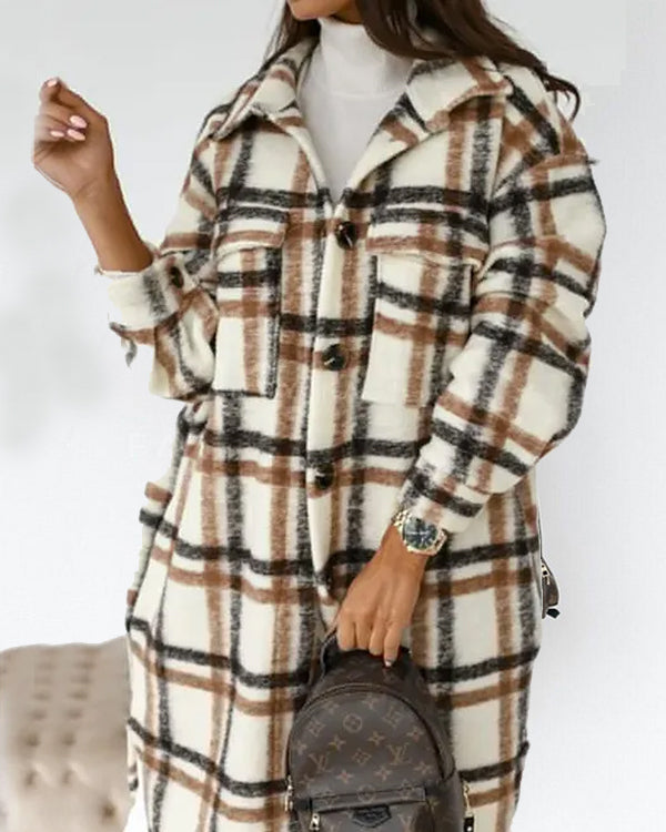 Manteau Long en Laine à Carreaux, Style Urbain