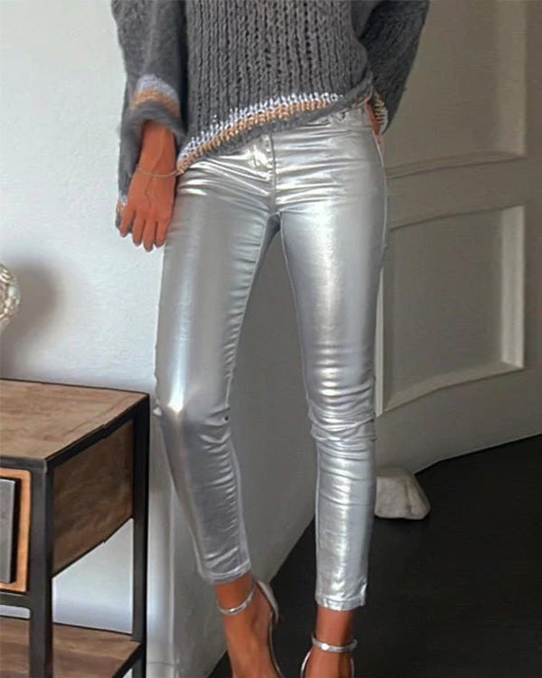 Legging Métallisé Ajusté en Cuir Synthétique