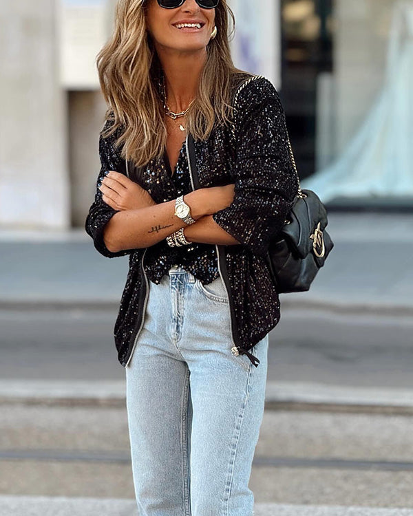 Veste Bombardier Brillante à Sequins, Style Urbain