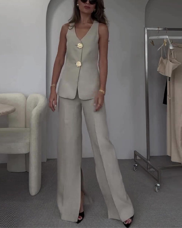 Ensemble Gilet à Gros Boutons Dorés et Pantalon Citadin 2 Pièces
