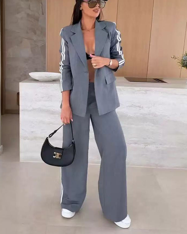 Ensemble Veste Patchwork à Revers et Pantalon Ample