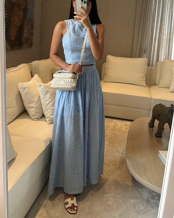 Ensemble Top Ajouré Sans Manches et Jupe en Coton, 2 Pièces