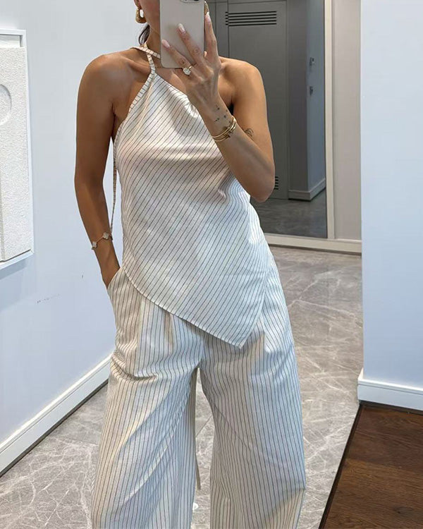 Ensemble Top Rayé Asymétrique et Pantalon, Une Épaule