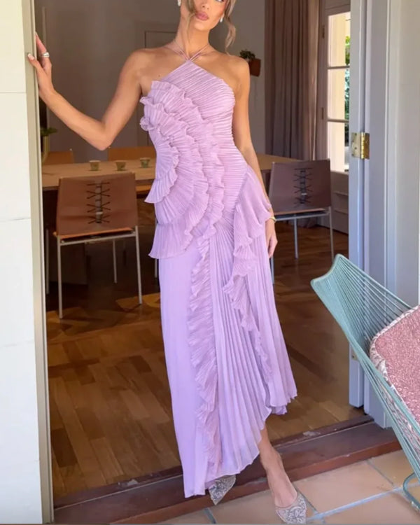 Lorelie · Robe Longue Plissée à Volants, Col Halter