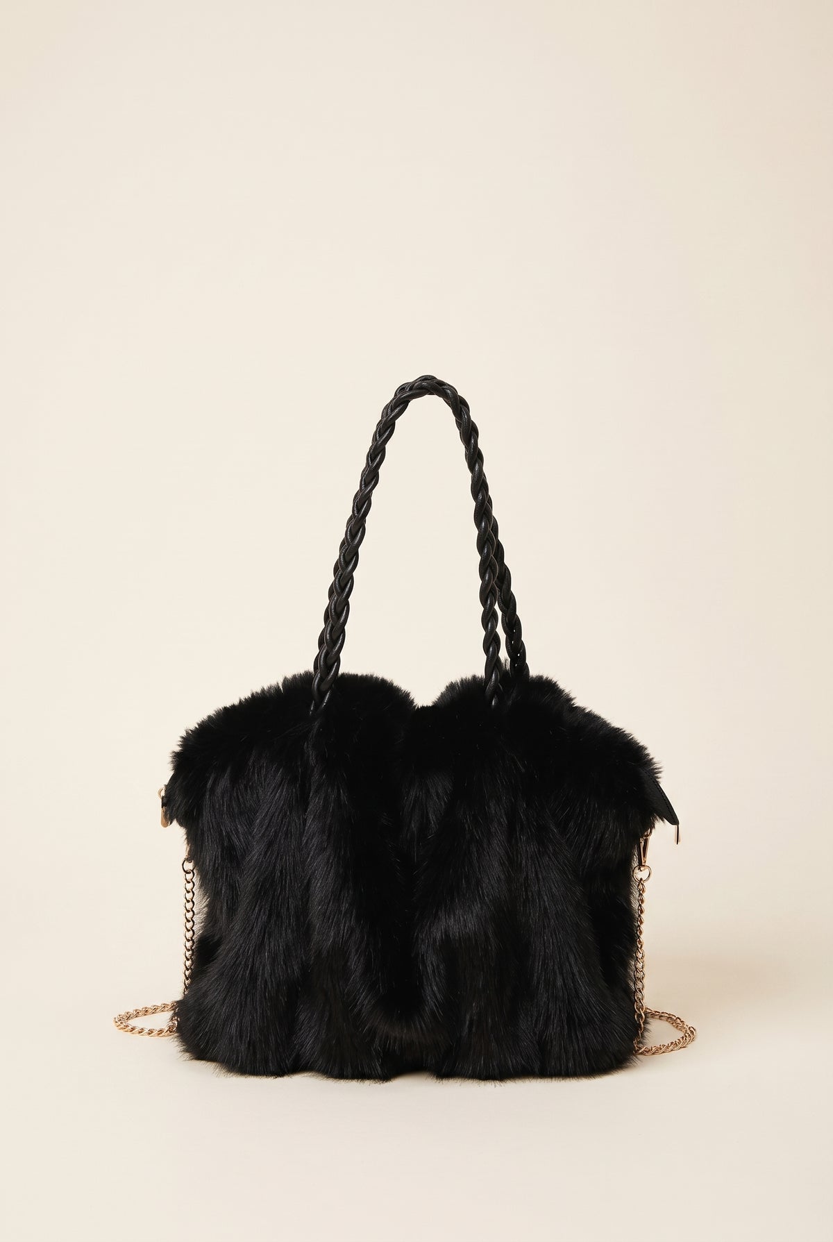Loreen Pleated Faux Fur Tote — Black
