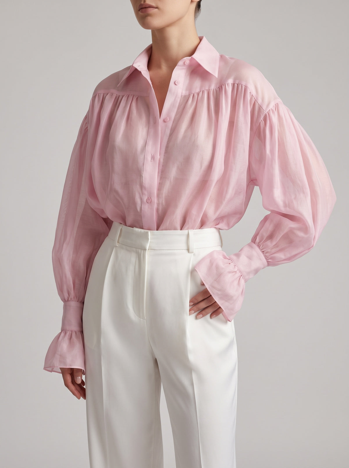 Isabella Oversized Puff Sleeve Tie Shirt — Pink