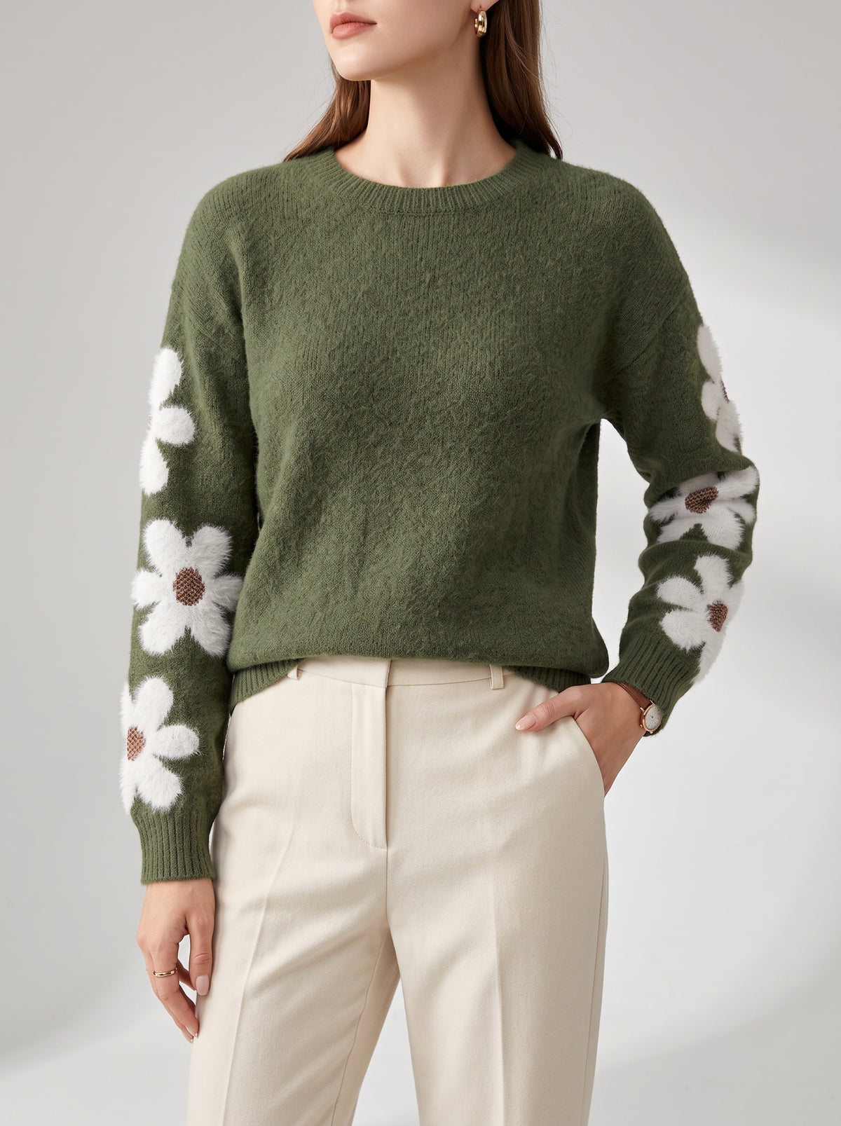 Agathe Floral Knit Sweater — Green