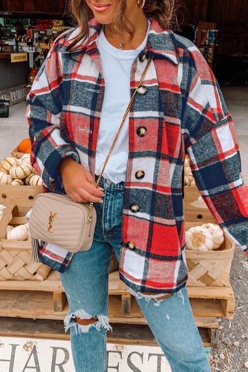 Manteau Chemise Épais à Boutons Métalliques, Carreaux Anglais