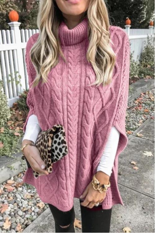 Pull Poncho Cape Col Roulé, Détail Torsadé