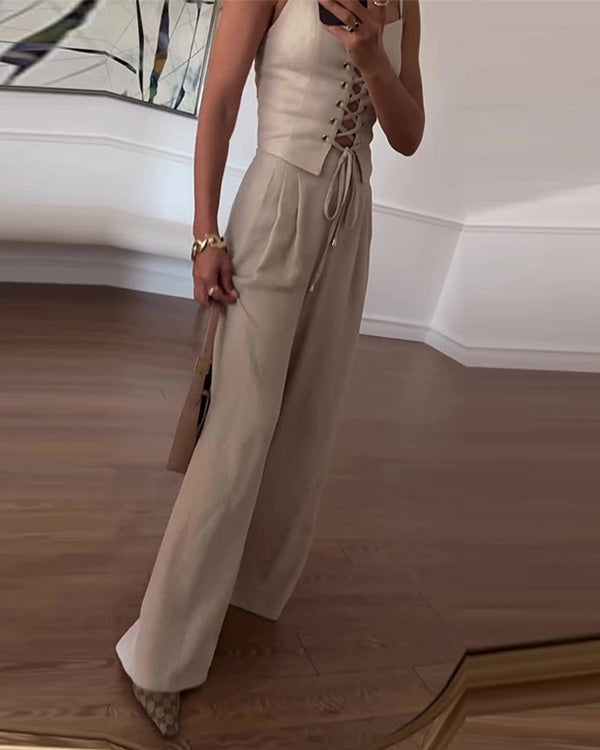 Ensemble Crop Top Nuisette Noué et Pantalon Large