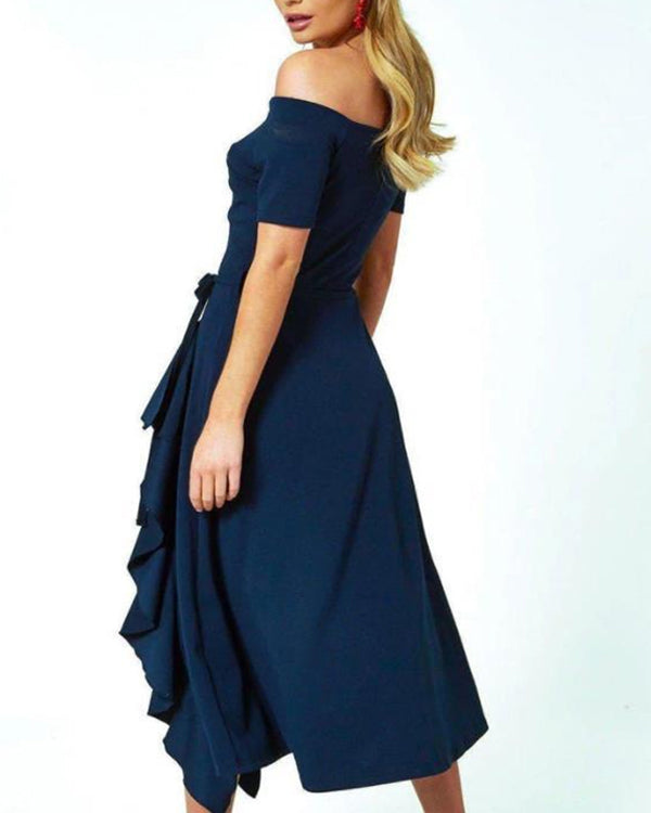 Robe de Soirée à Volants, Col Bateau, Épaules Dénudées