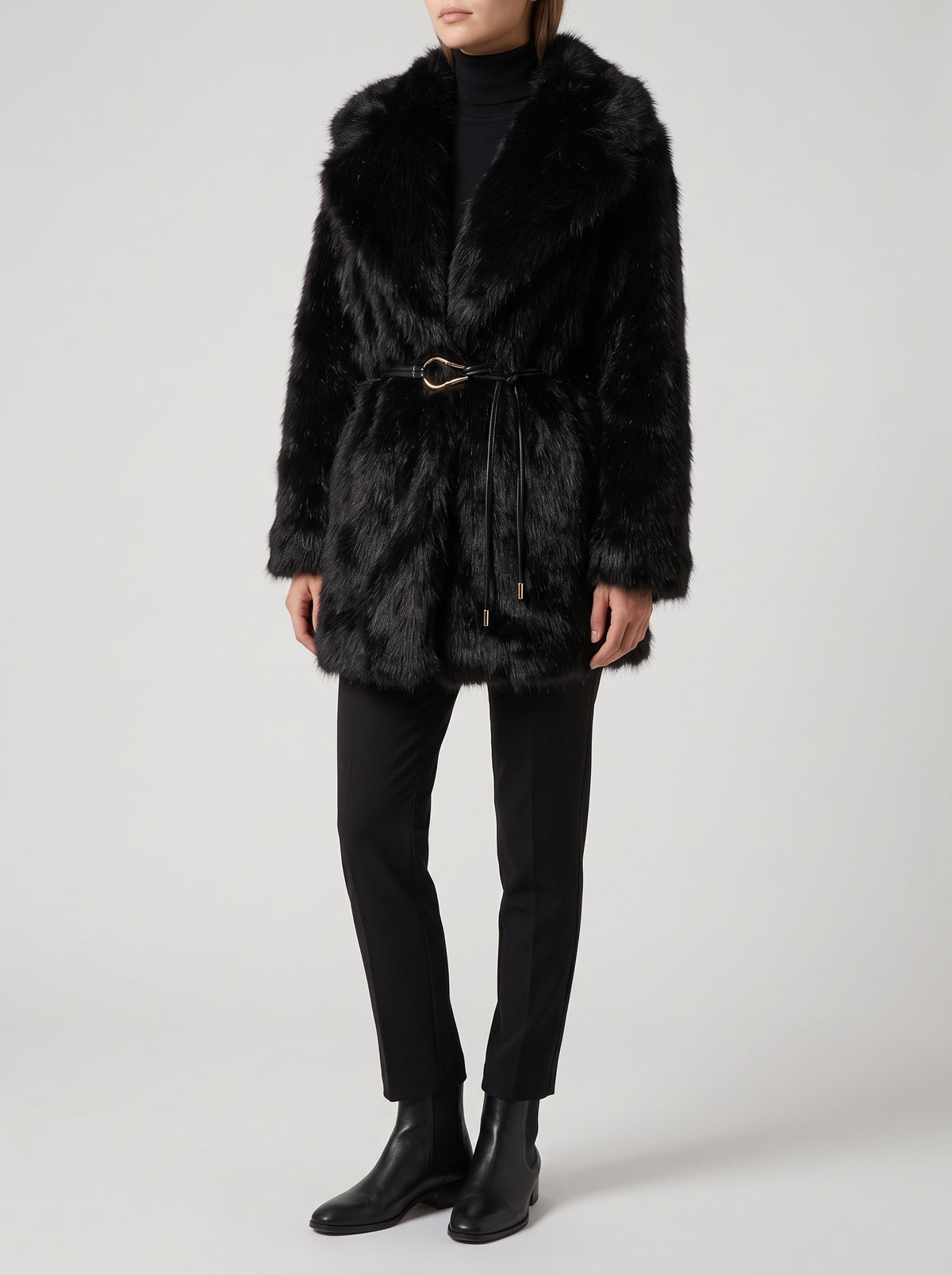 Faith Mid-Length Belted Faux Fur Coat — Black