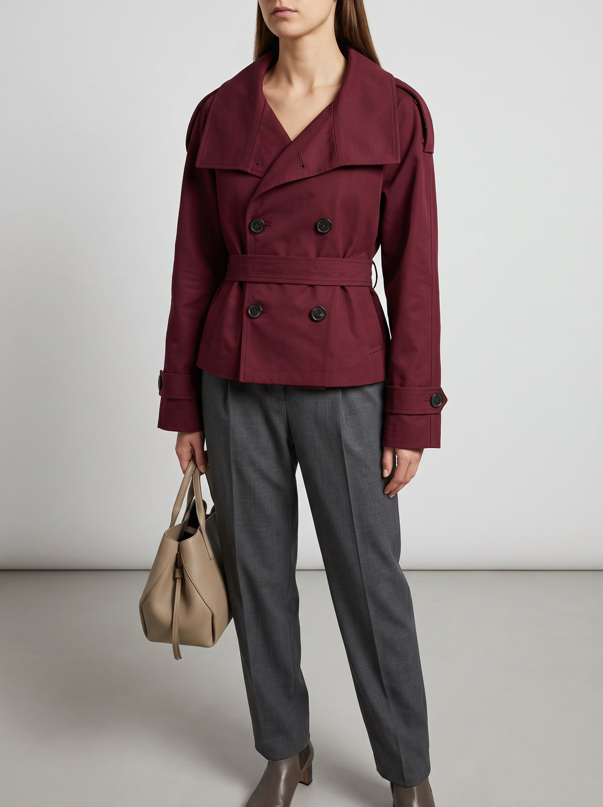 Thea Belted Cropped Trench Coat - Burgundy