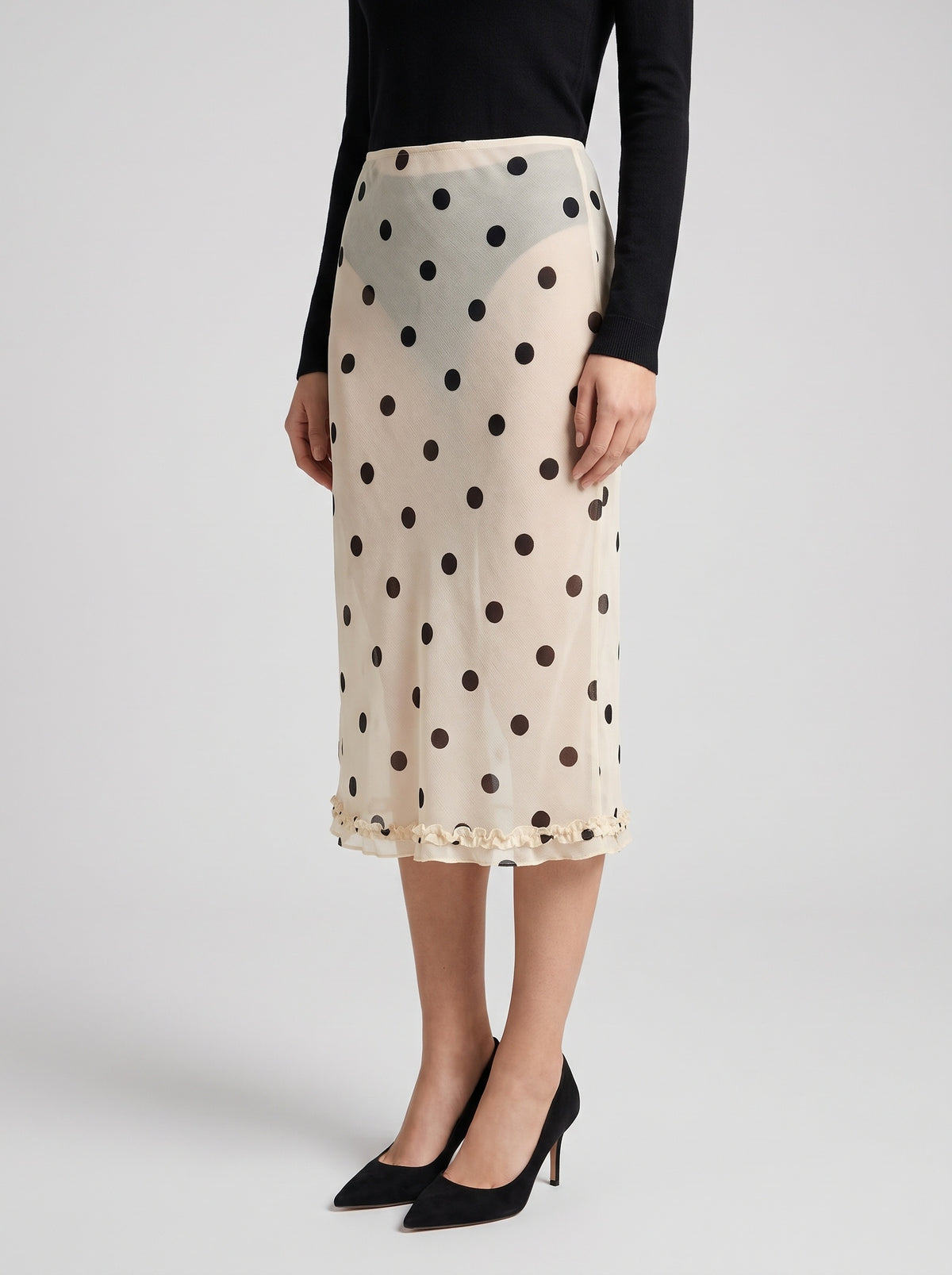 Bianca Polka Dot Mesh Midi Skirt — White