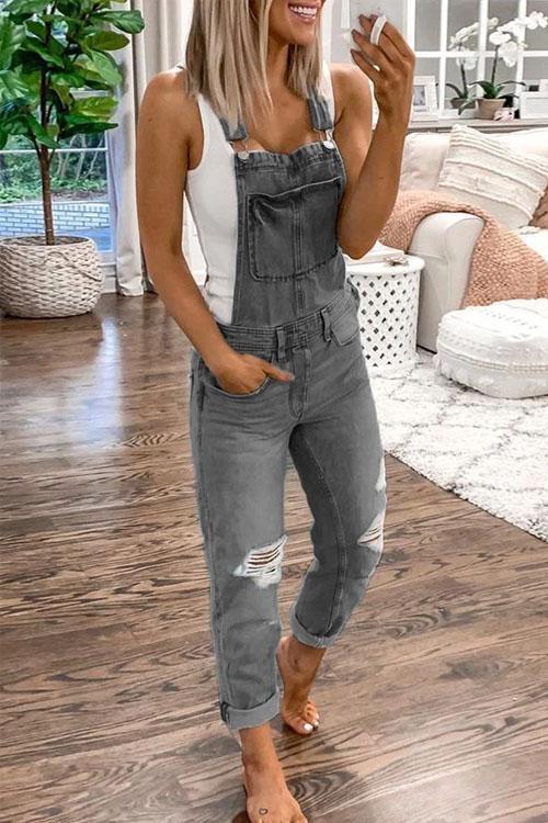 Combinaison Salopette en Denim Déchiré