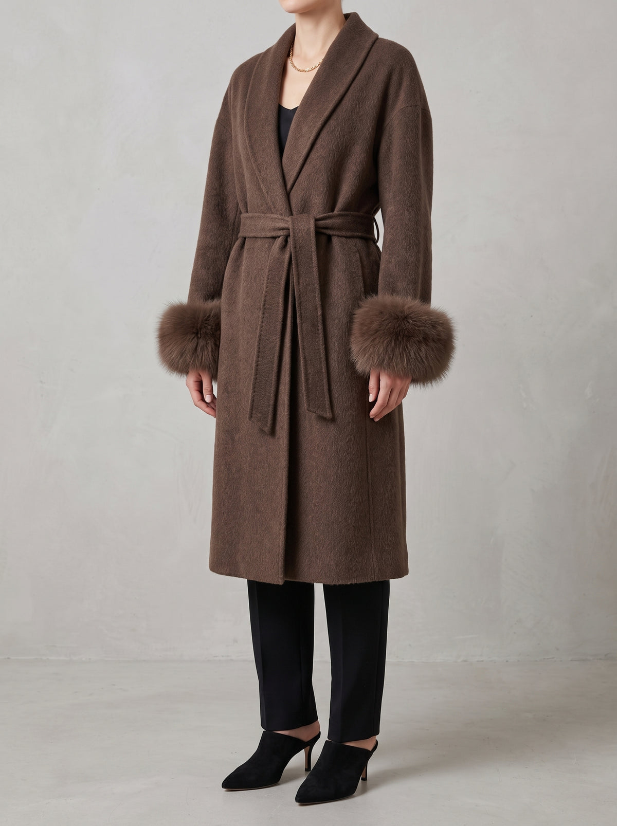 Wool Coat with Fox Fur Cuffs — Brown Long