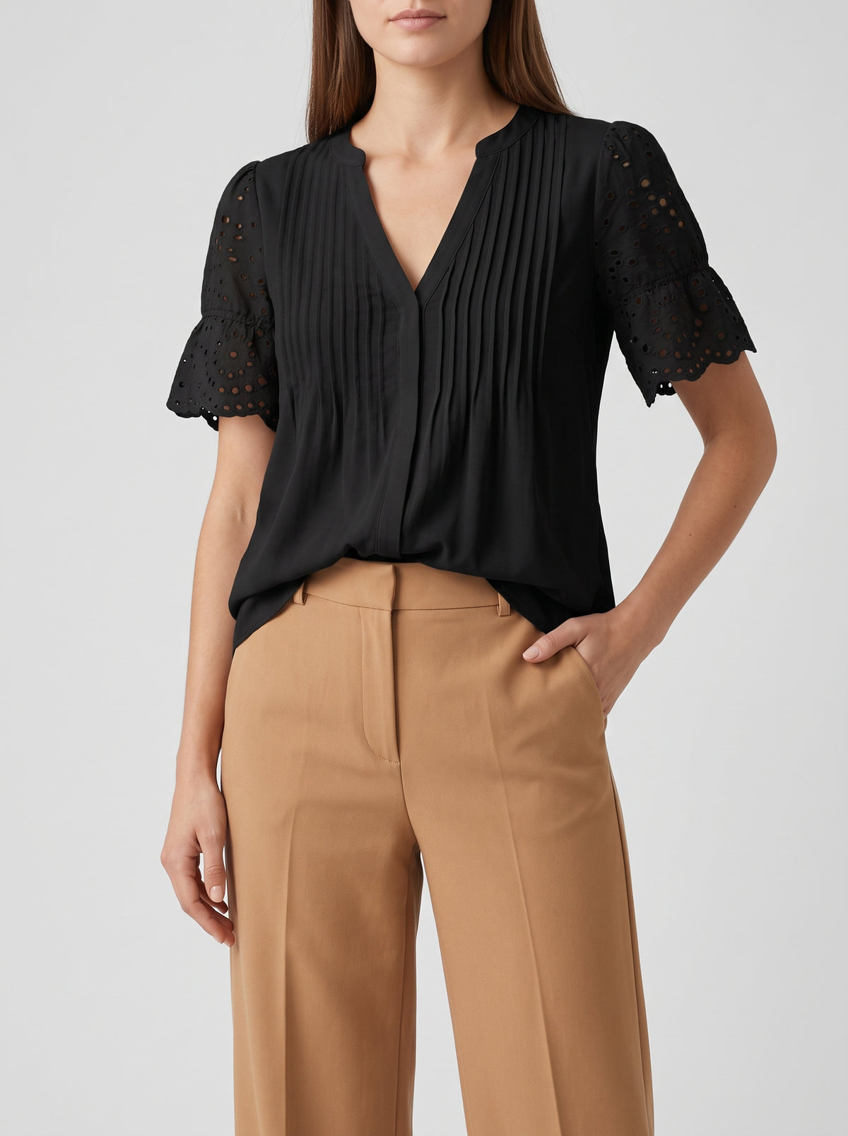 Beatrice V-Neck Lace Sleeve Top — Black