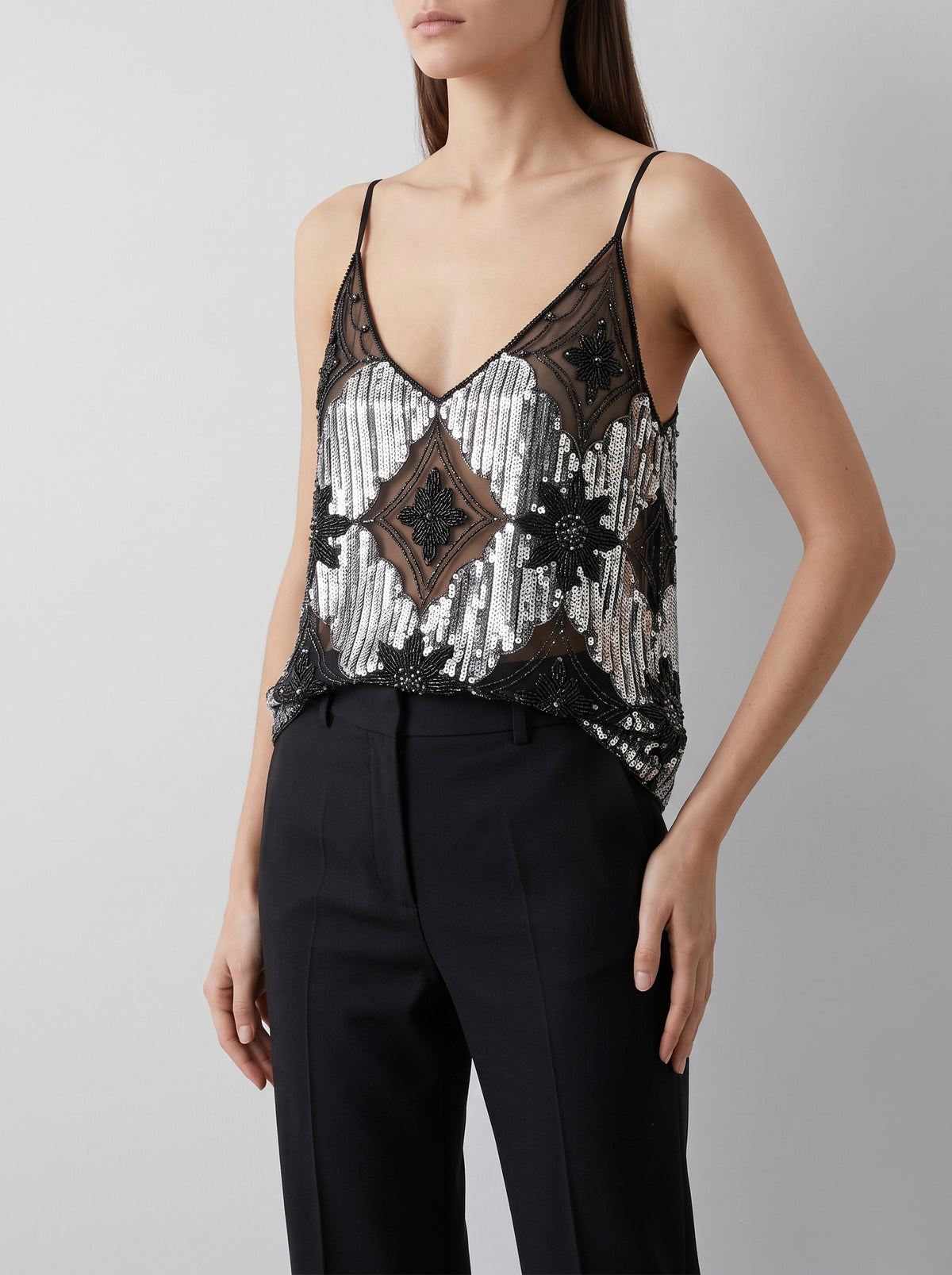 Agrippina Embellished Sequin Sheer Top — Silver