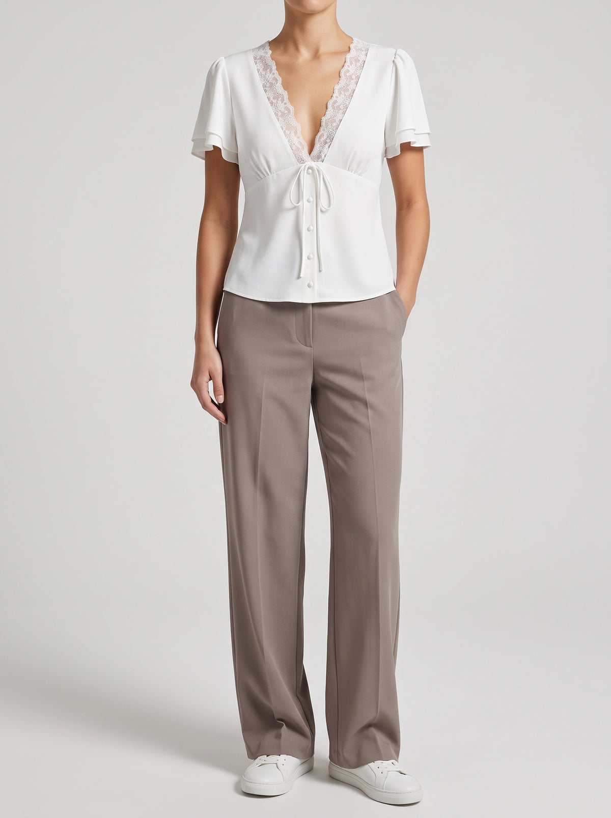 Short-Sleeve Lace Blouse with V-Neck and Rosettes - White
