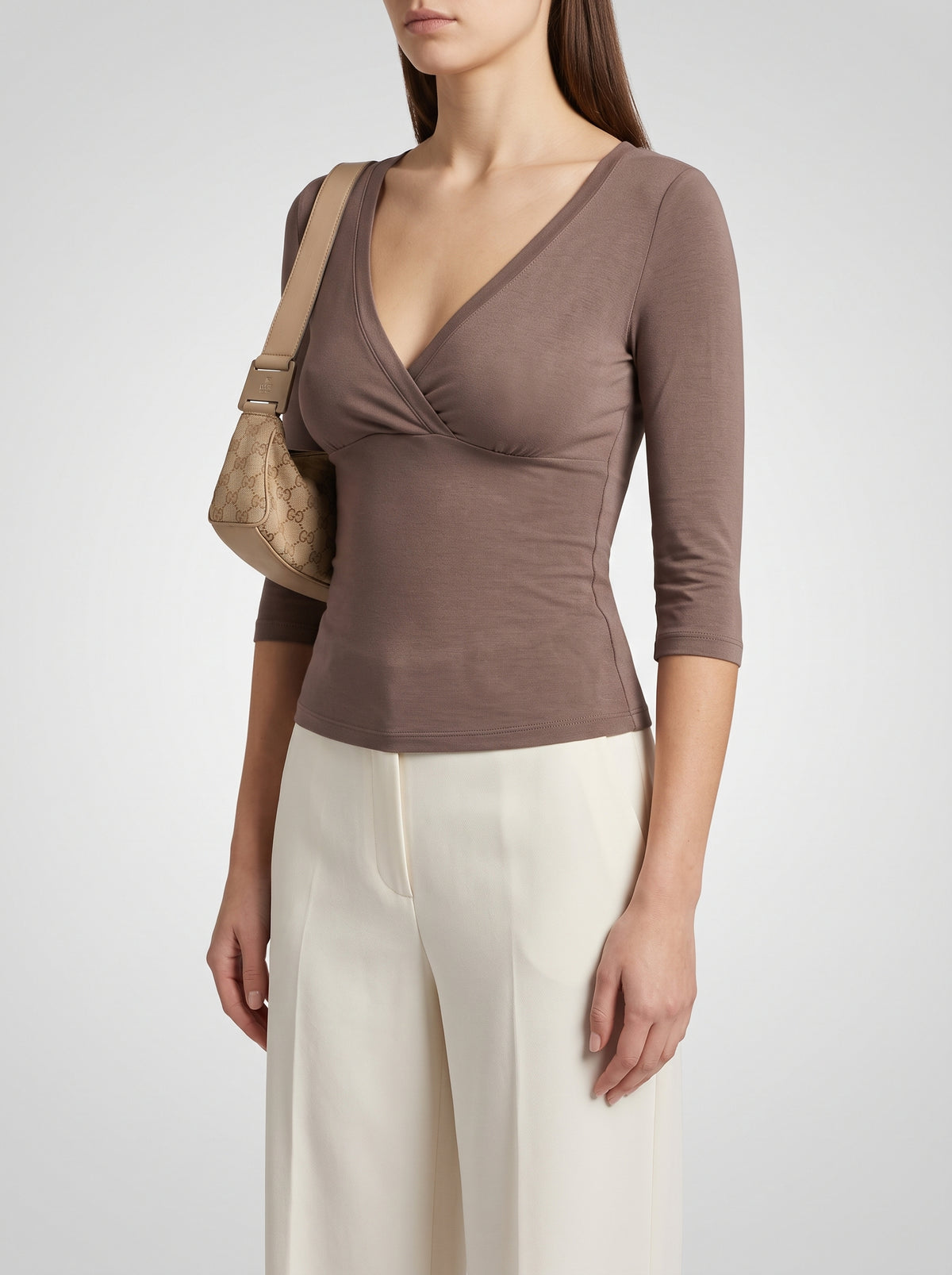 Sofia Deep V-Neck Three-Quarter Sleeve T-Shirt — Brown