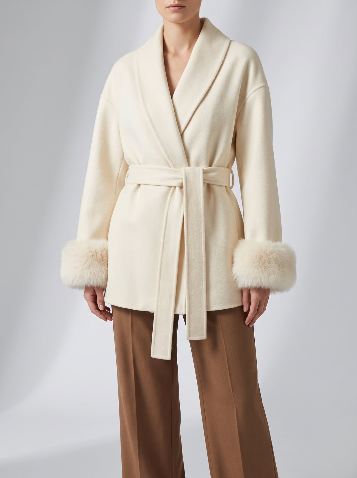 Wool Coat with Fox Fur Cuffs — White Short