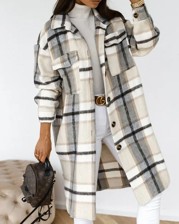 Manteau Long en Laine à Carreaux, Style Urbain