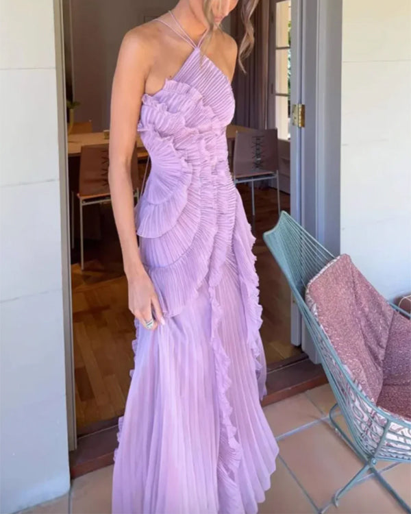 Lorelie · Robe Longue Plissée à Volants, Col Halter