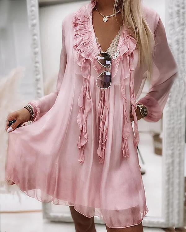 Robe en Mousseline, Col en V, Soie et Pompons à Volants
