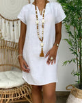 Robe Courte en Lin, Col en V Simple