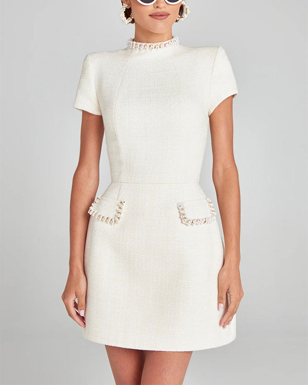 Robe Courte Chic Col Montant, Style Chanel