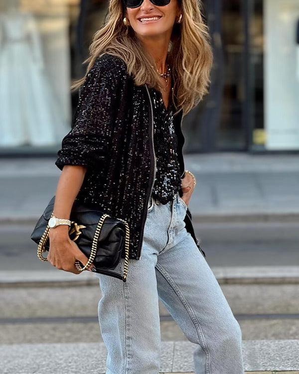 Veste Bombardier Brillante à Sequins, Style Urbain