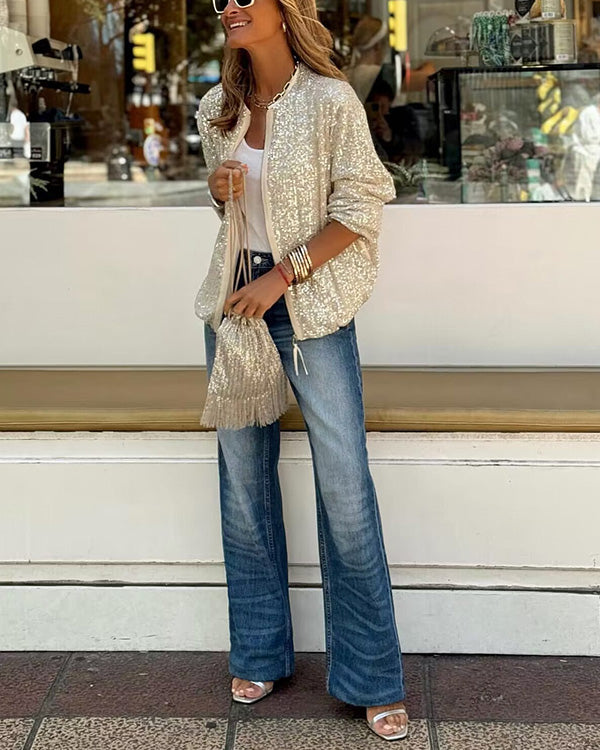 Veste Bombardier Brillante à Sequins, Style Urbain