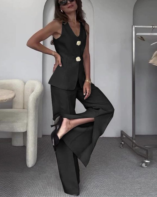 Ensemble Gilet à Gros Boutons Dorés et Pantalon Citadin 2 Pièces