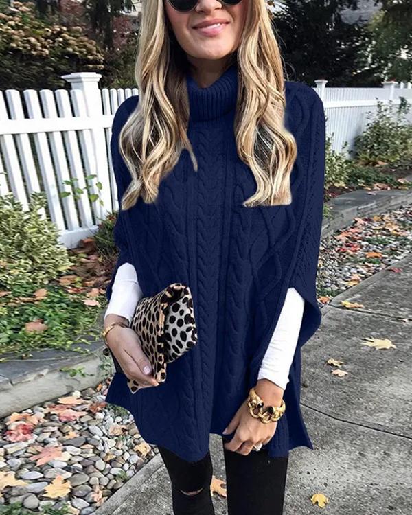 Pull Poncho Cape Col Roulé, Détail Torsadé