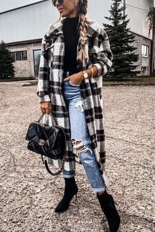 Manteau Long en Laine à Carreaux, Nouvelle Collection