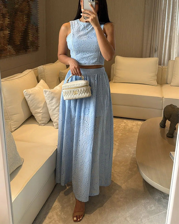 Ensemble Top Ajouré Sans Manches et Jupe en Coton, 2 Pièces