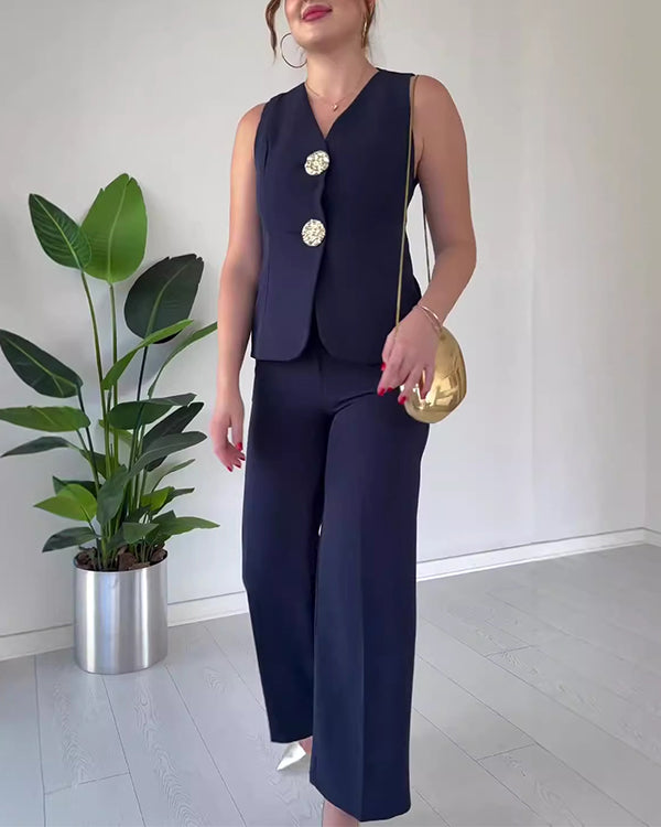 Ensemble Gilet à Gros Boutons Dorés et Pantalon Citadin 2 Pièces