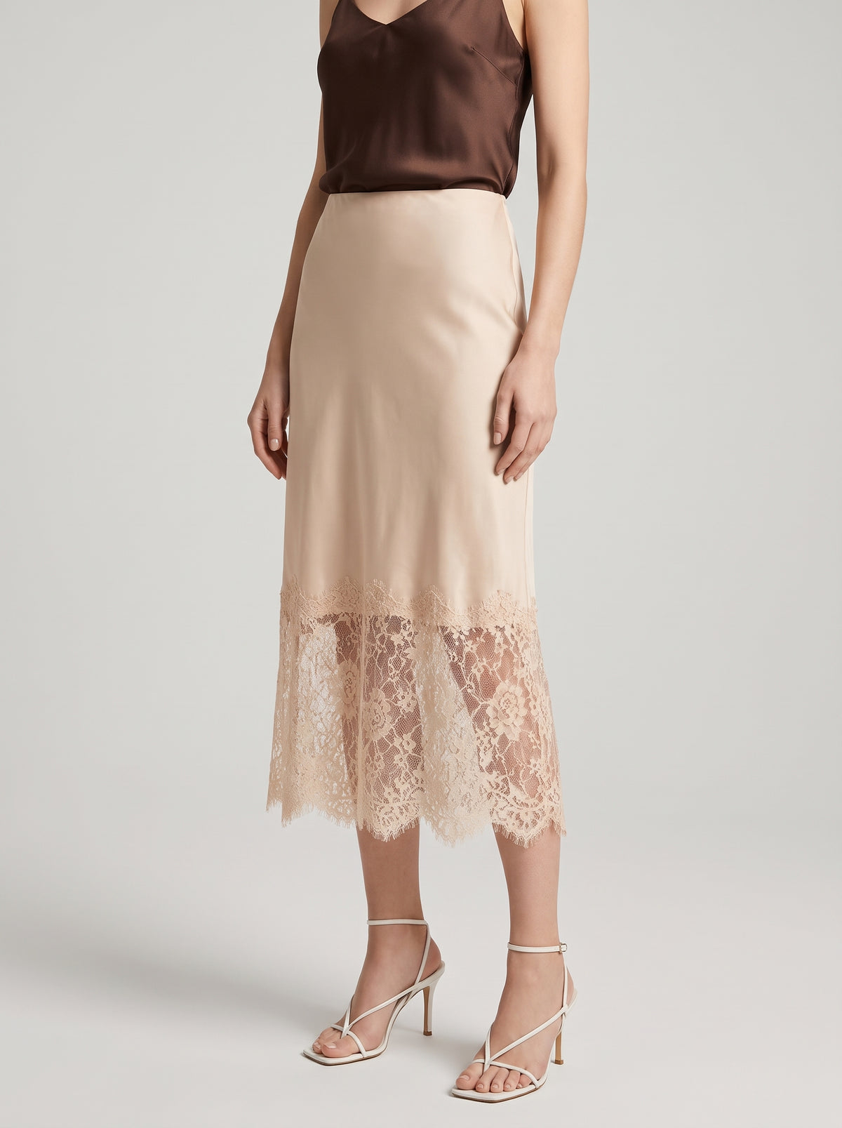 Cheska Front-Slit Satin Maxi Skirt — Beige