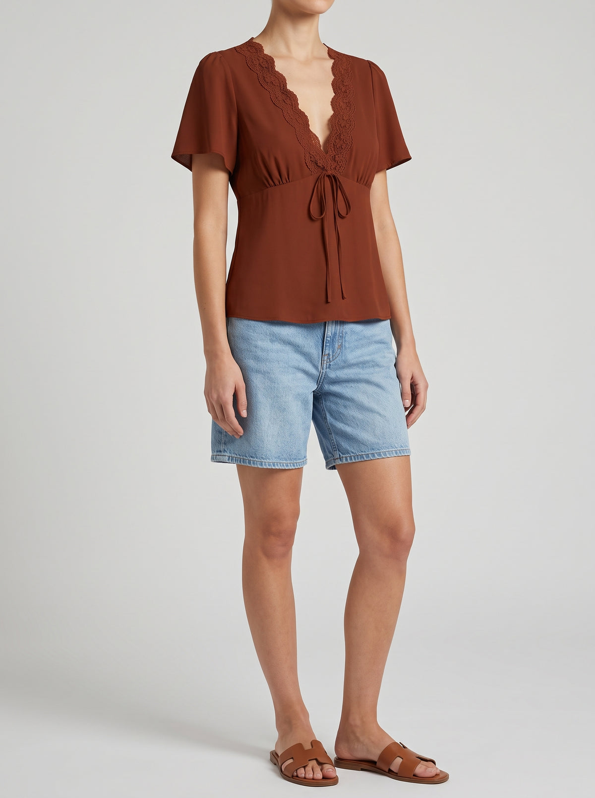 Short Sleeve Lace Rosette Blouse — Brown