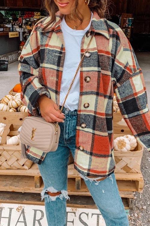 Manteau Chemise Épais à Boutons Métalliques, Carreaux Anglais