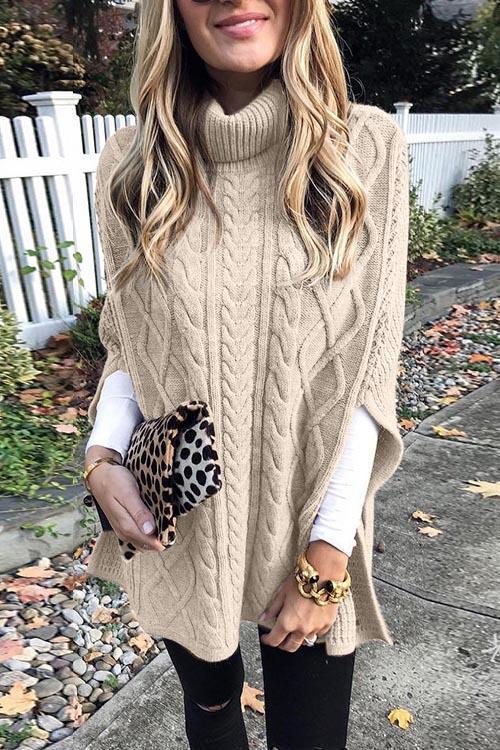 Pull Poncho Cape Col Roulé, Détail Torsadé