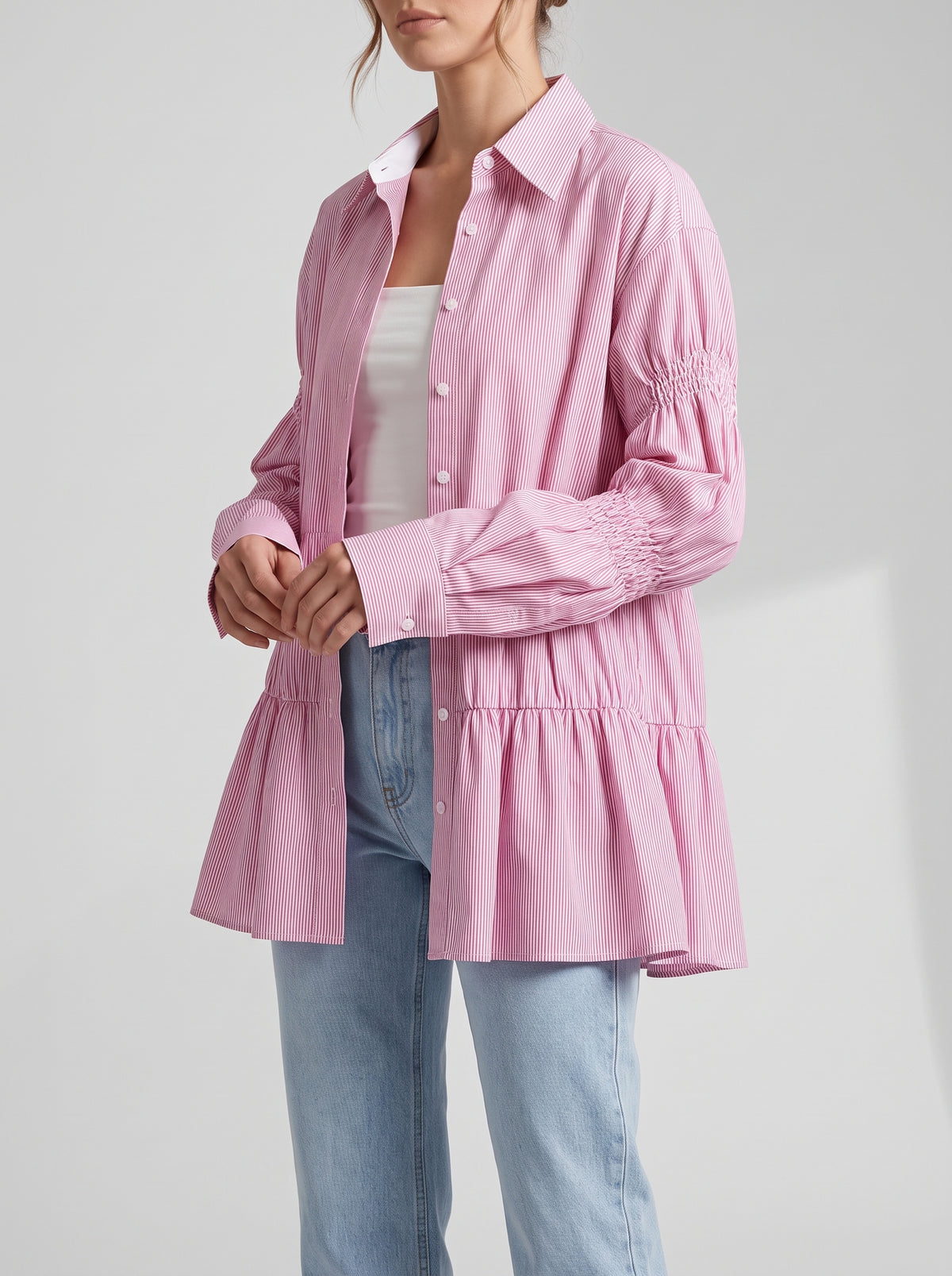 Suzette Ruched Long Sleeve Shirt — Pink Stripe