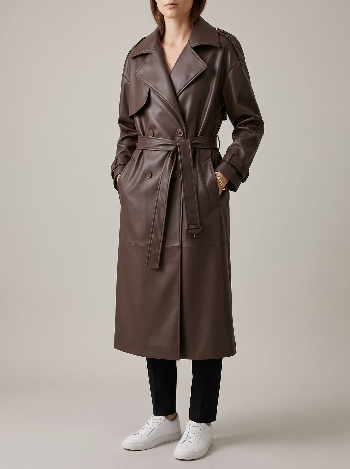 Cassy Long Faux Leather Trench Coat — Brown