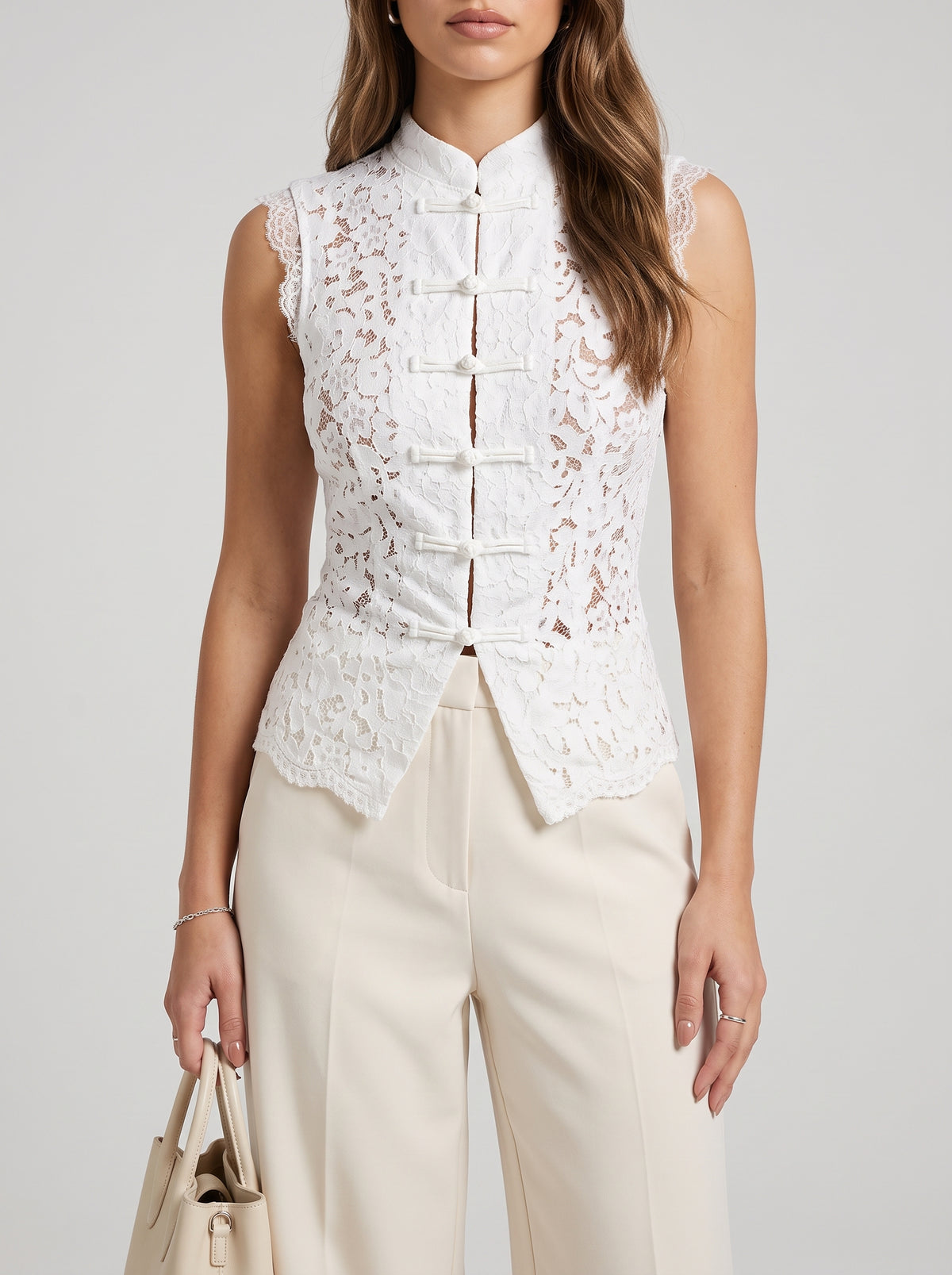 Beatrix Sheer Lace Mandarin Collar Blouse — White